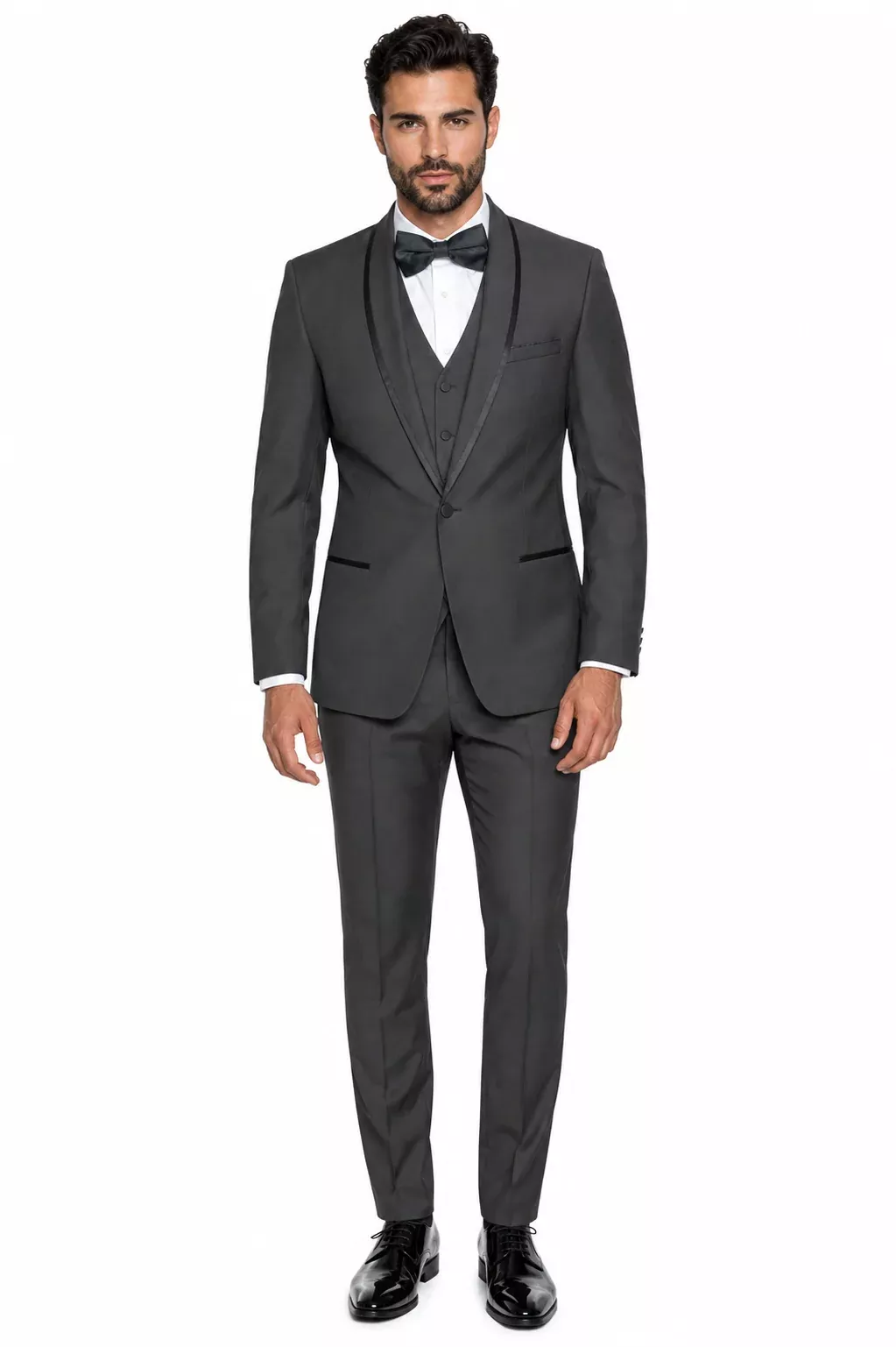 3-Piece Tailored Fit Wool Suit with Bow Tie and Flat Front Pants - Charcoal