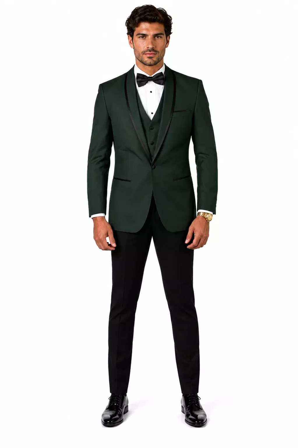 3-Piece Tailored Fit Wool Suit with Bow Tie and Flat Front Pants - Hunter
