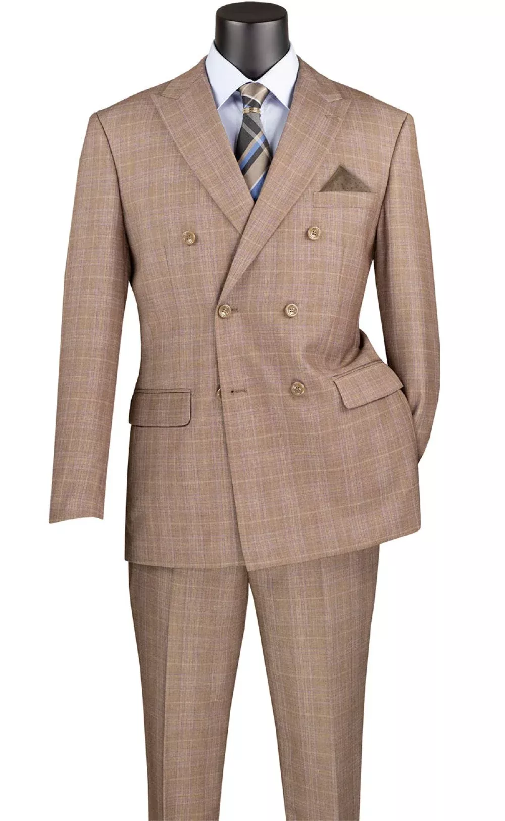 Alexander Collection - Tan Double Breasted 2 Piece Suit Regular Fit Glen Plaid