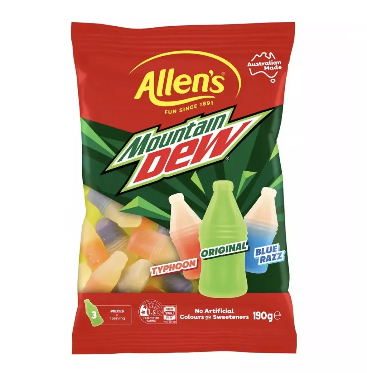 Allen’s Mountain Dew Lollies – Assorted Candy Jellies (Australia)