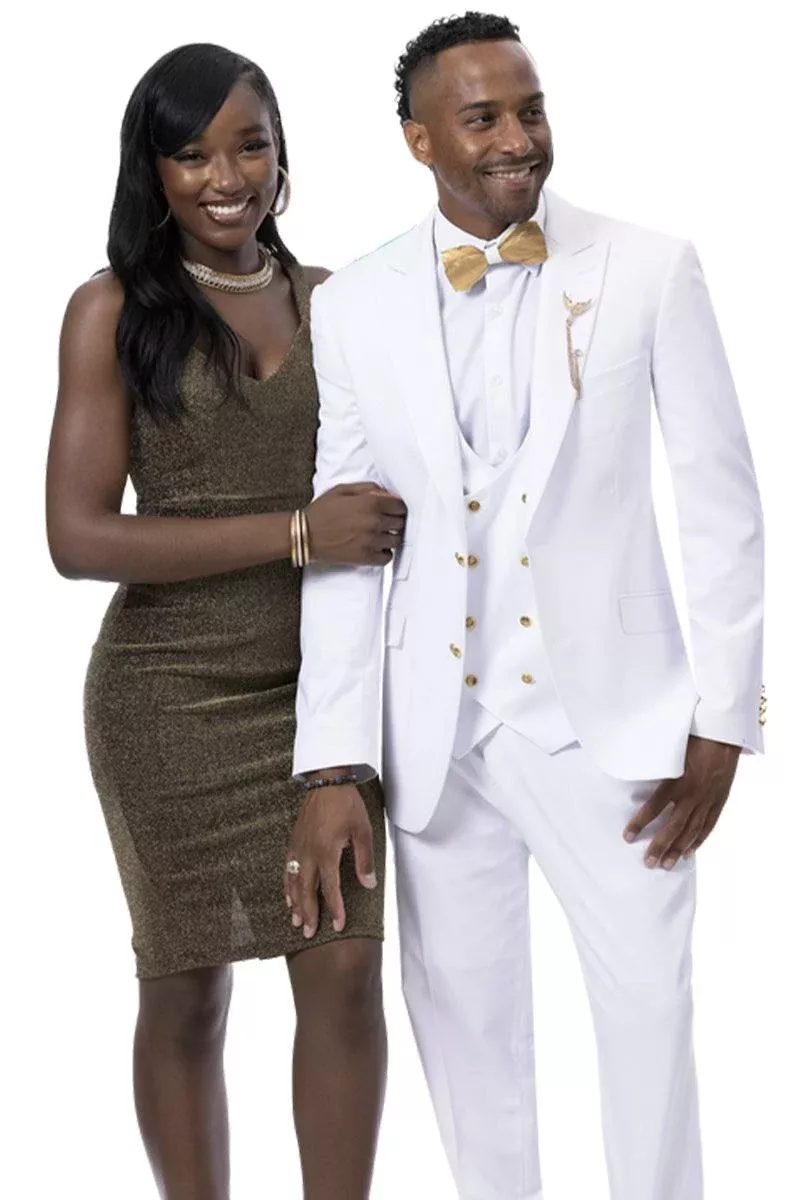 Answer: Stylish Two-Button Peak Lapel Suit by EJ Samuel with Double Breasted Vest & Gold Buttons in White