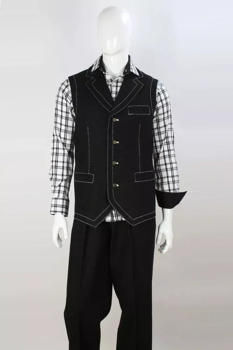 Apollo King Black Denim Double-Breasted Vest & Pant Set