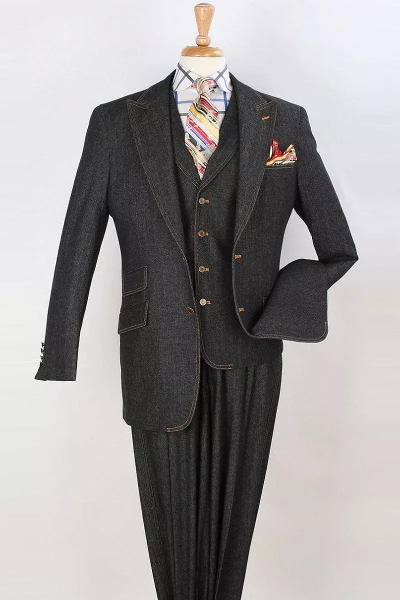 Apollo King Black Denim Suit: Two-Button Peak Lapel Vested