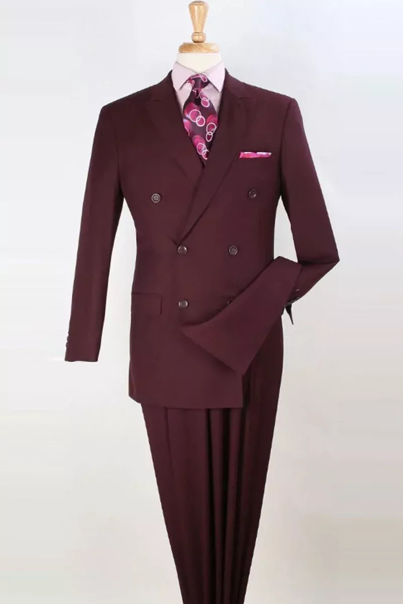 Apollo King Burgundy Wool Feel Double Breasted Suit