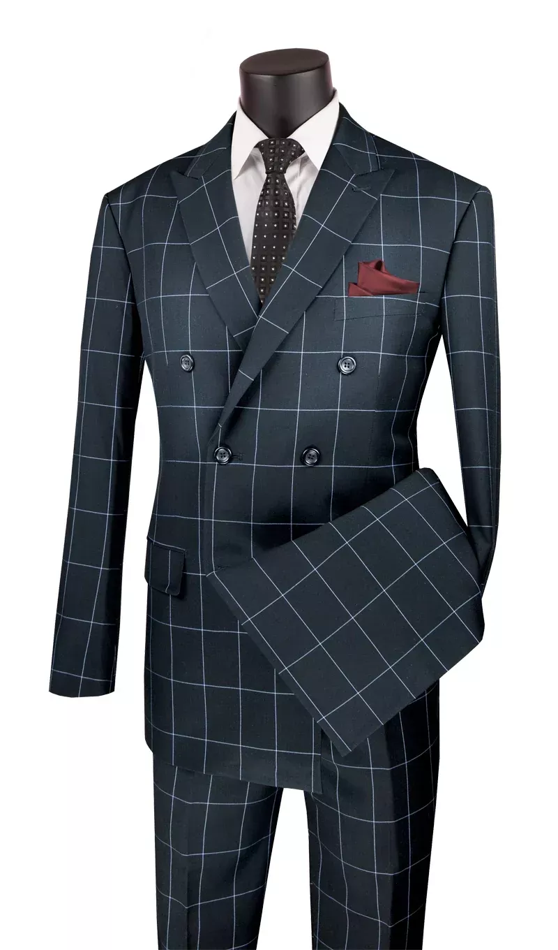 Black Modern Fit Double Breasted Windowpane Peak Lapel 2 Piece Suit