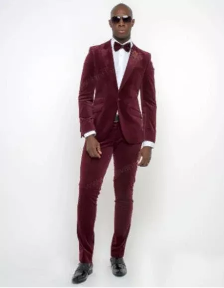 Burgundy Modern Stylish Ensemble Velvet Suit