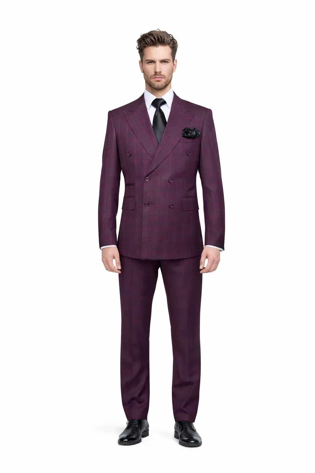 Burgundy Plaid Suit for Men Rossiman Double-Breasted Windowpane Two-Piece-New Designer Collection