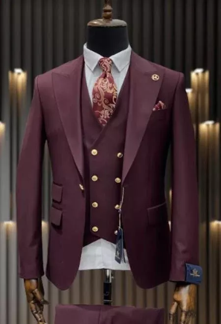 Burgundy Suit for Men Peak Lapel 1-Button Jacket & Double-Breasted Vest