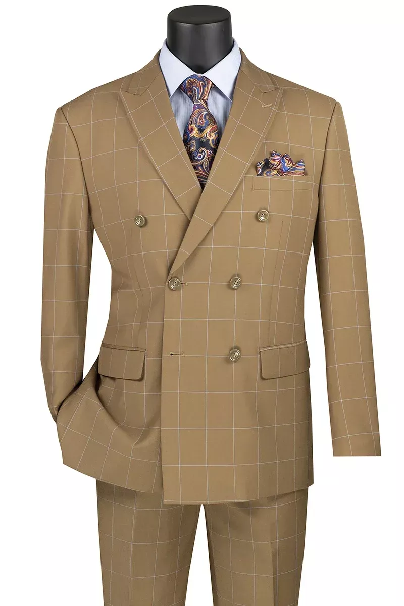 Camel Modern Fit Double Breasted Windowpane Peak Lapel 2 Piece Suit