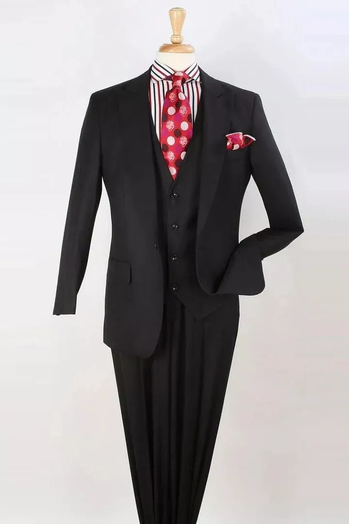 Cheap Priced Suit- Mens Classic Fit Vested One Button Peak Lapel FashionBlack Suit