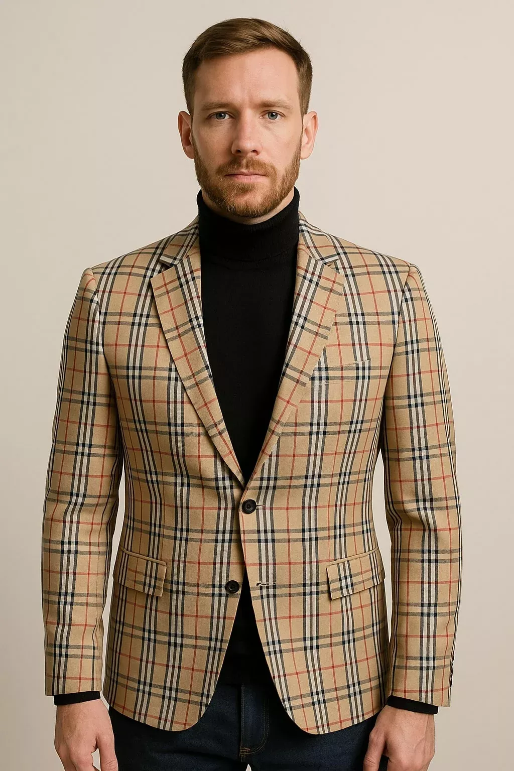 Classic Beige Checkered Blazer â“ Tan Plaid Sport Coat - Camel Windowpane Pattern