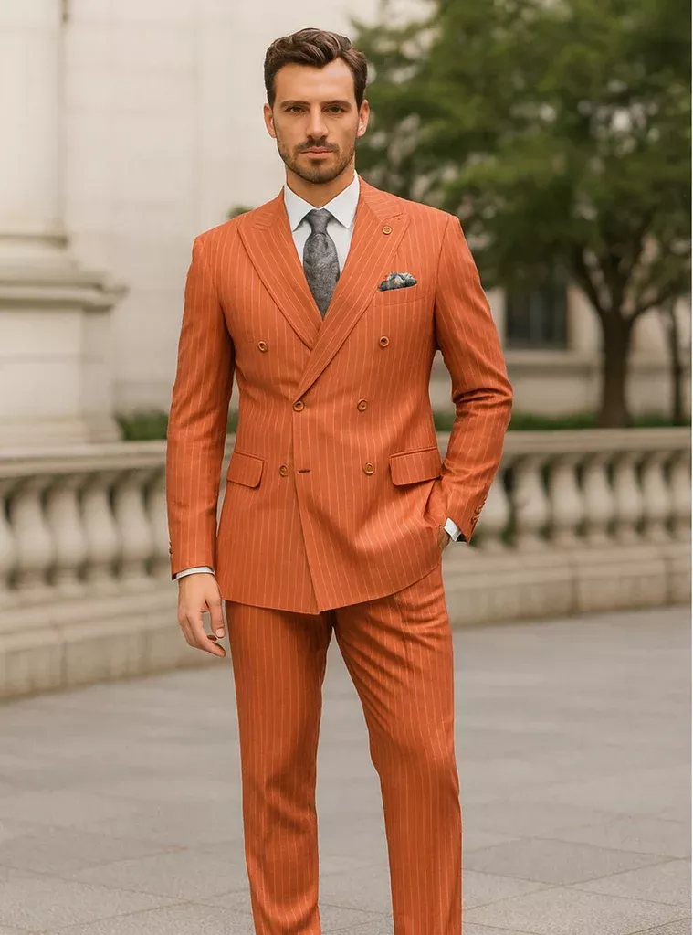 Classic Orange Striped Suit for Men Double-Breasted Design