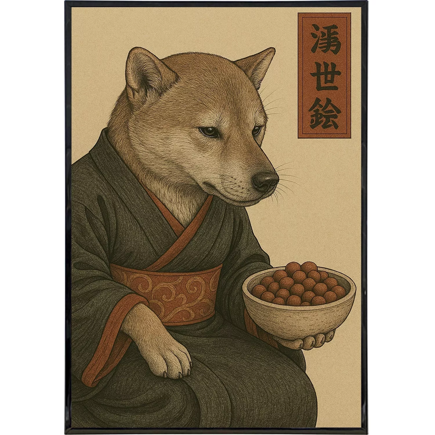 Dog Contemplating Kibble Japanese Ukiyo-e Style Poster Print