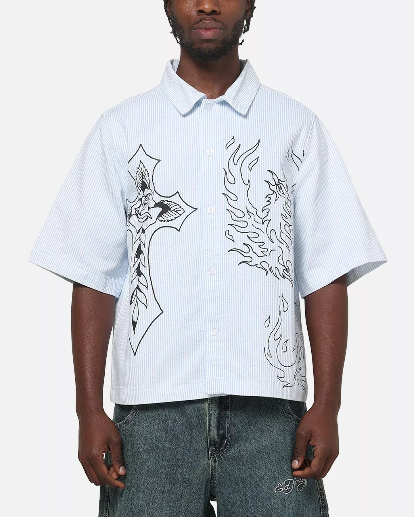 Ed Hardy Ghost Tattoo Button Up Shirt Blue Pinstripe