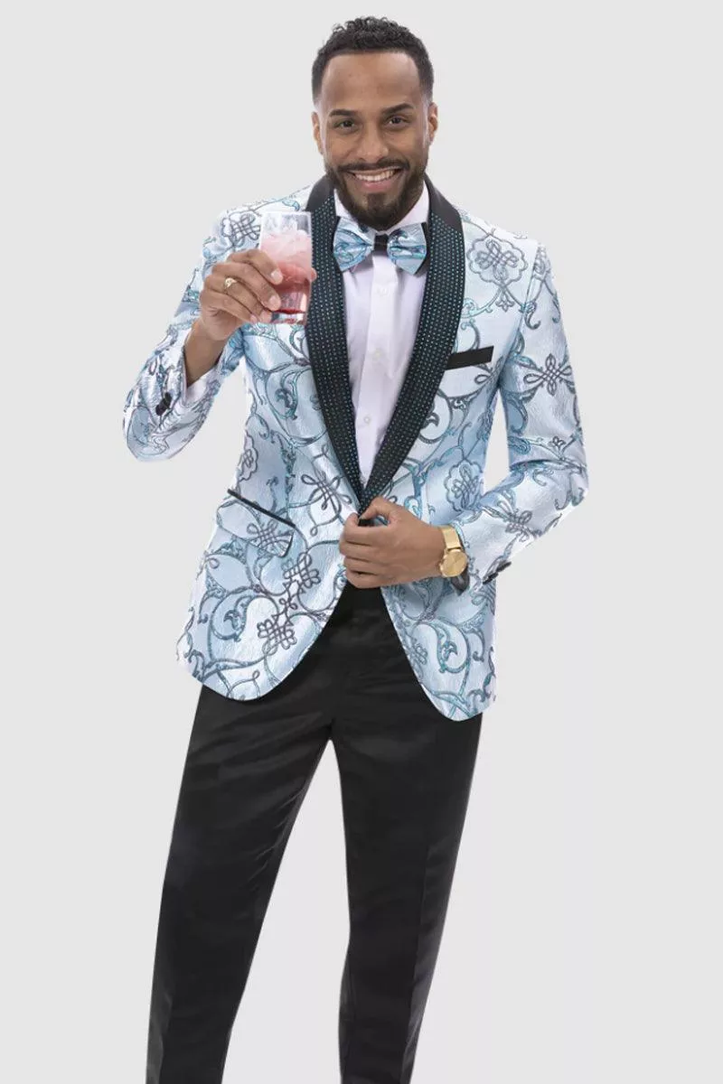 EJ Samuel Aqua Blue Wide Brocade Prom Tuxedo Jacket