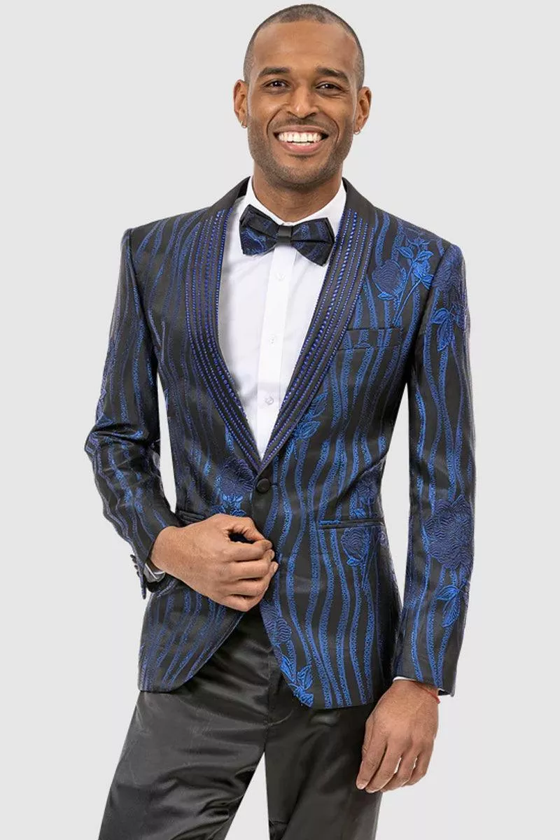 "EJ Samuel Men's Floral-Wave Tuxedo: Classy Blend of Modern Style in Black & Royal Blue"