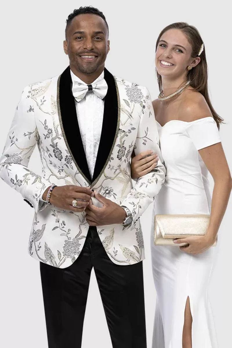 EJ Samuel Men's One Button White & Gold Tree Pattern Tuxedo Jacket for Weddings