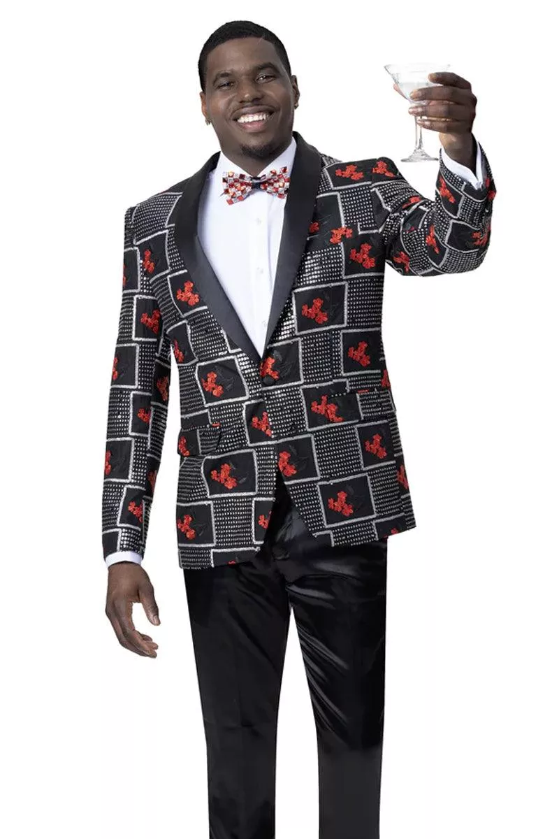 EJ Samuel - Men's Shawl Lapel Tuxedo Jacket in Bold Pattern, Black & Red