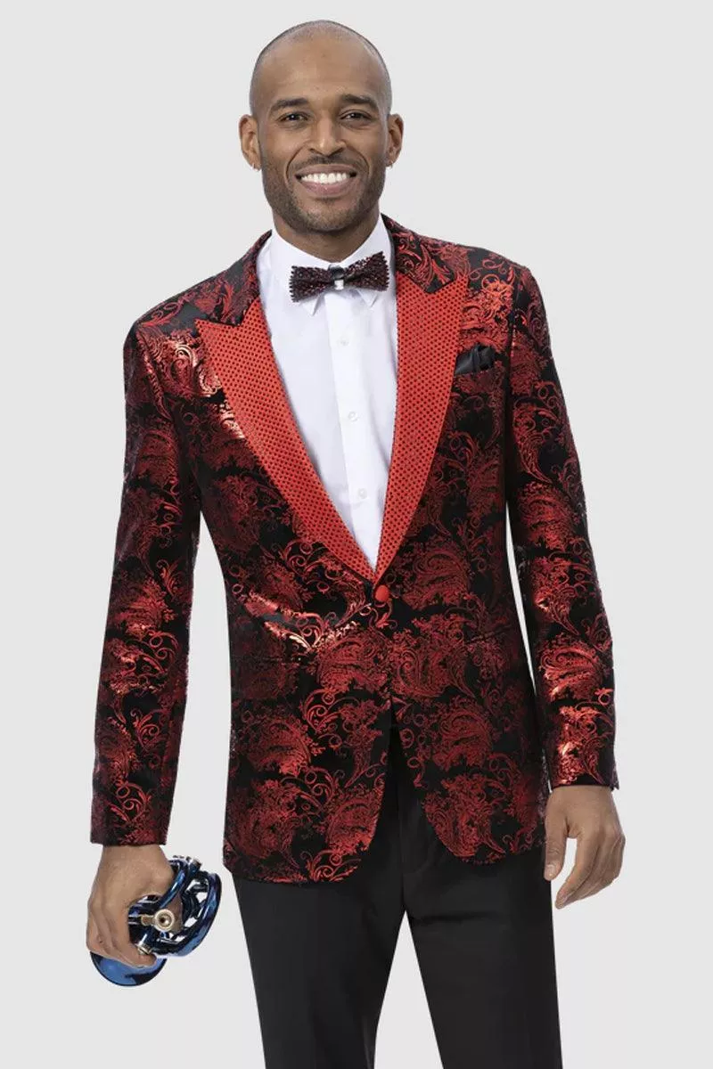"EJ Samuel's Red Paisley Shark Blazer with Studded Lapel"