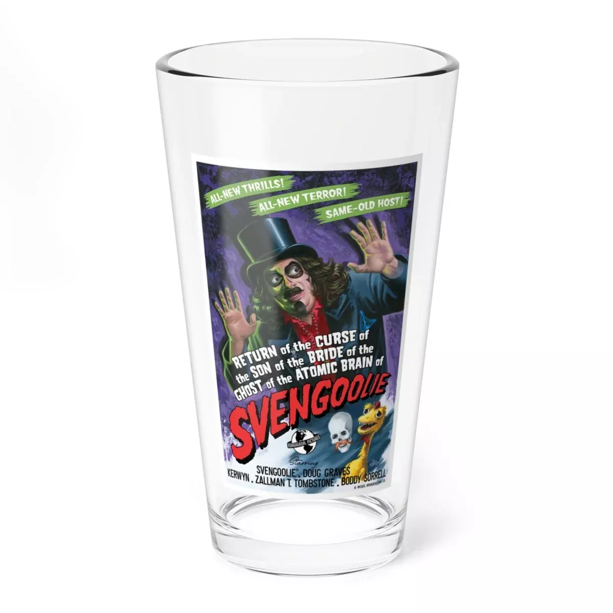 "The Horror of Svengoolie Poster" Pint Glass by Bill Morrison