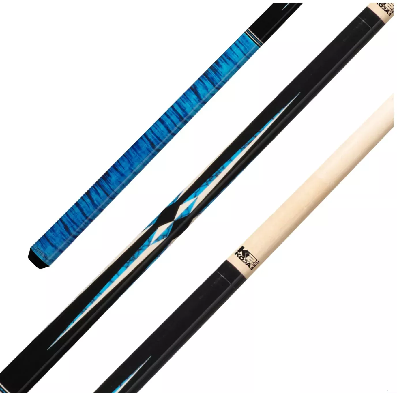 K2 Cue Gloss Black, Turquoise/White Floating Points, Blue Curly Design