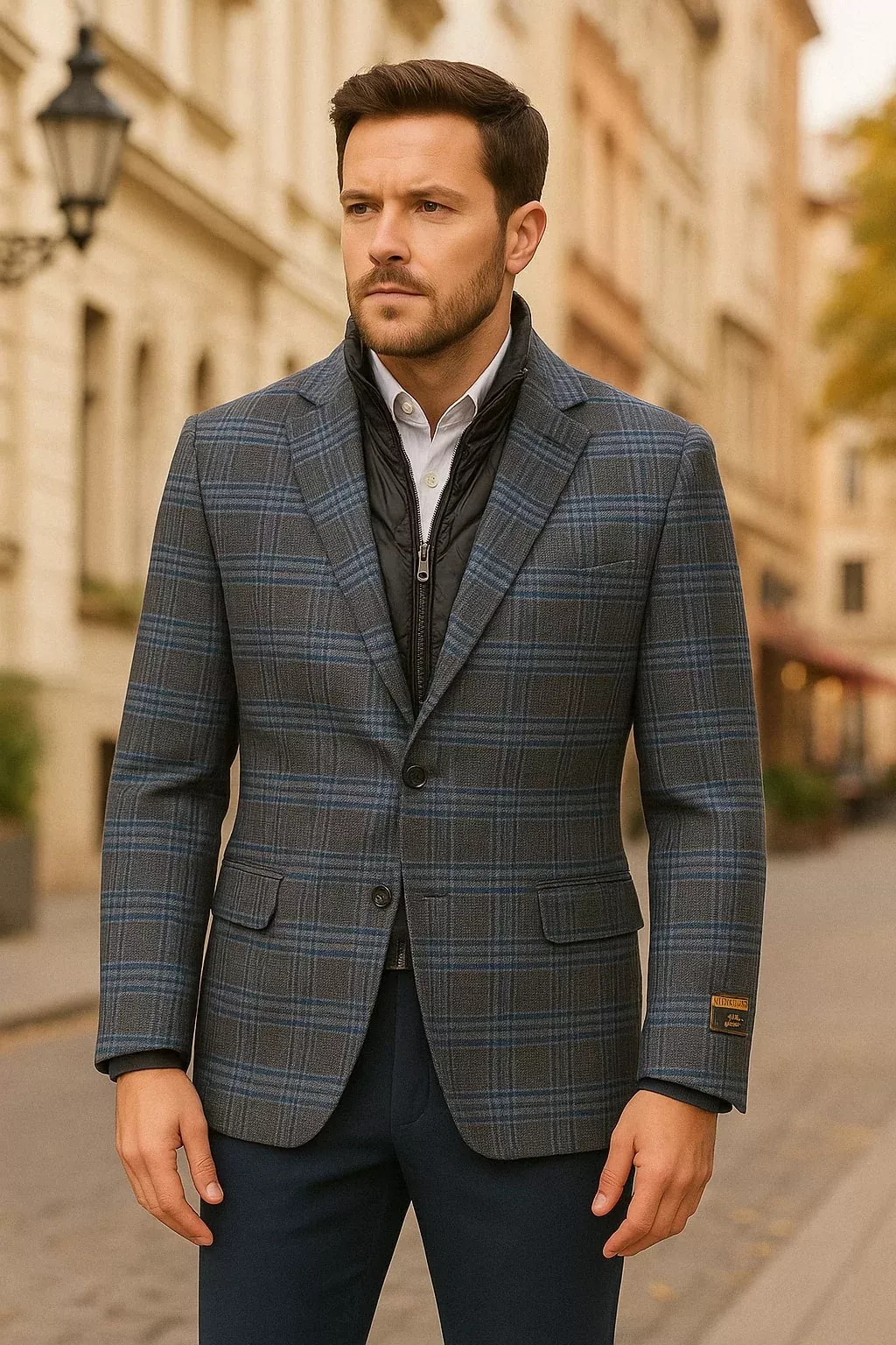 Men's Blue & Grey Checkered Wool plaidBlazers with Quilted Inner Layer Alberto Nardoni Collection