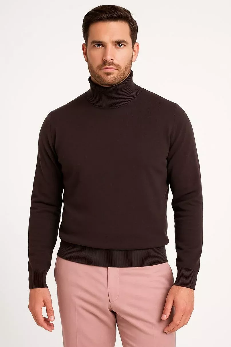 Men's Brown Turtleneck Sweater â“ Classic Slim Fit Knit Pullover for Fall and Winter