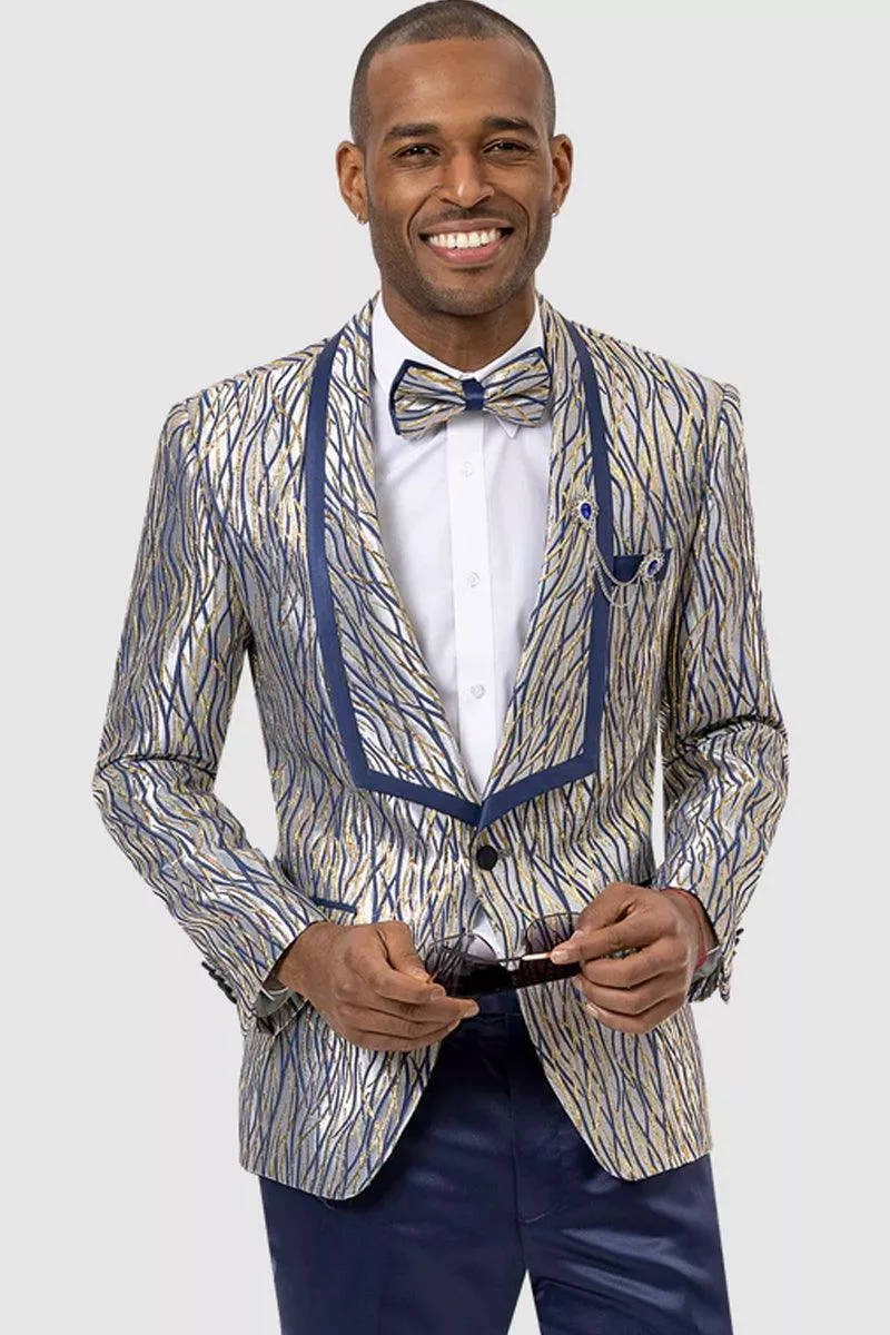 Men's EJ Samuel Blue & Gold Metallic Wave Square Shawl Tux Jacket