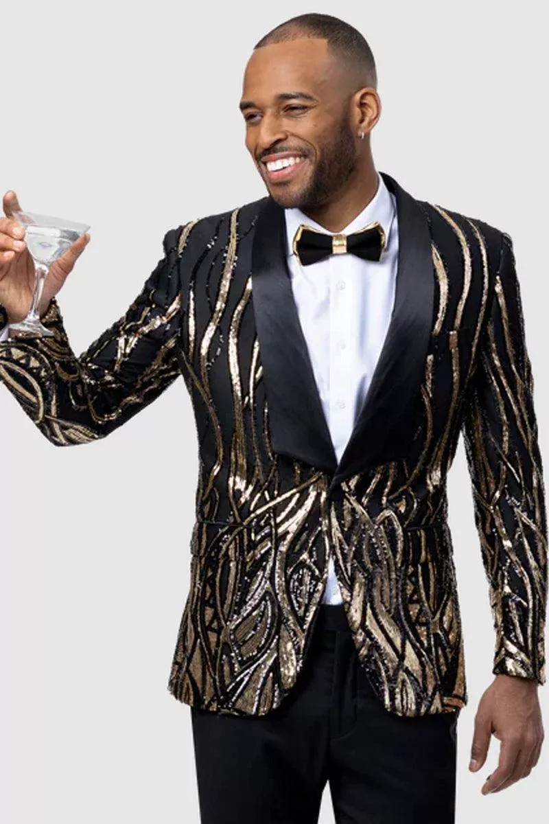 Men's EJ Samuel Shawl Lapel Black & Gold Sequin Formal Tuxedo Jacket