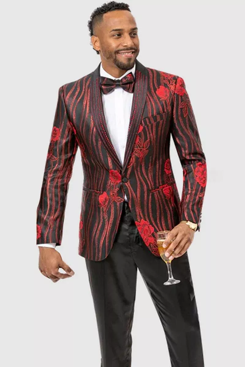 Men's EJ Samuel Tux w/ Floral & Wave Patterns, Red & Black