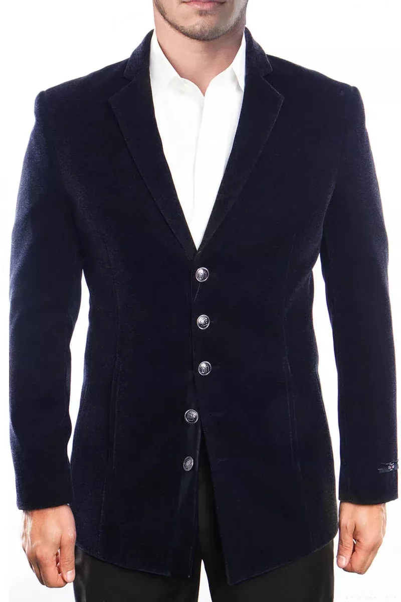 Men's Five Button Vintage Style Velvet Coats in Navy