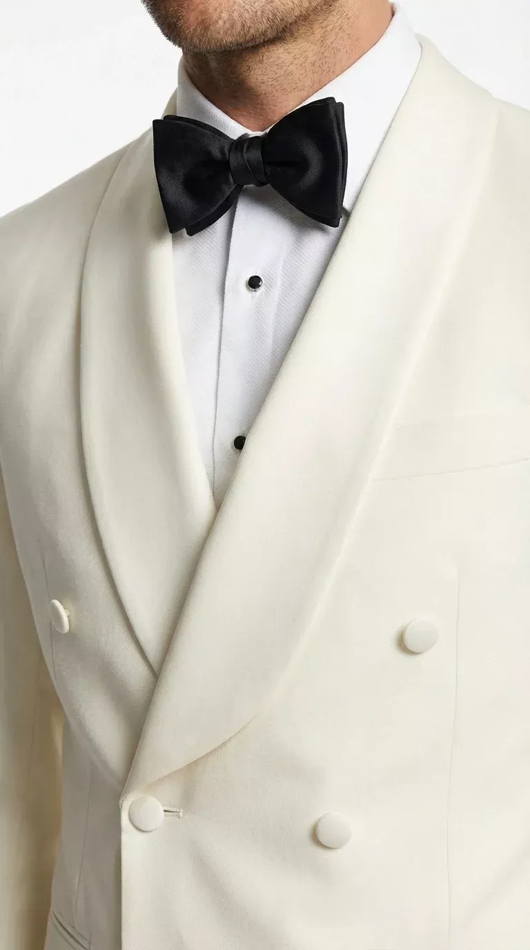 Men’s Ivory Wool Dinner Jacket – Classic Double Breasted Formal Tuxedo Jacket for Wedding and Black Tie Events