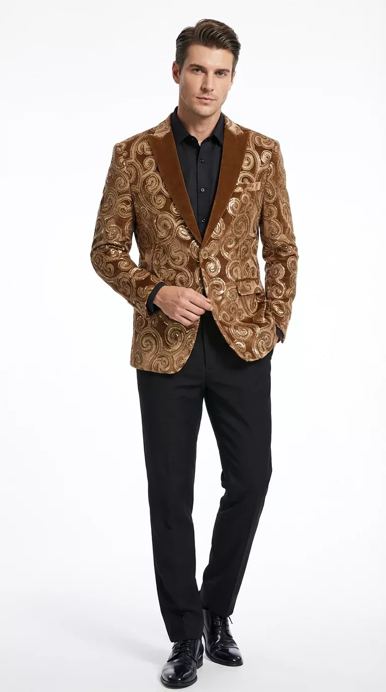 Men's Light Brown & Gold Baroque Embroidered Blazer Jacket | Tuxedo Dinner Jacket