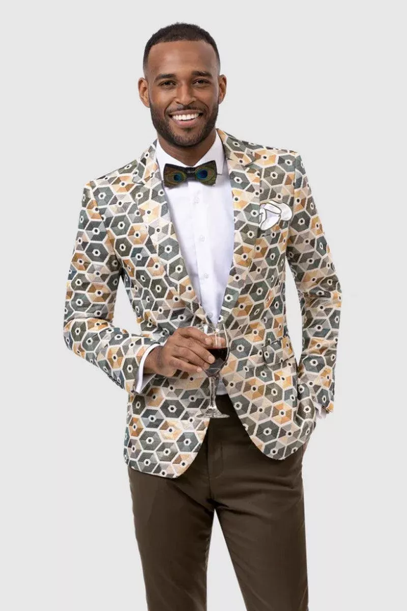 "Men's Modern One-Button Hex Blazer: EJ Samuel in Olive and Beige"