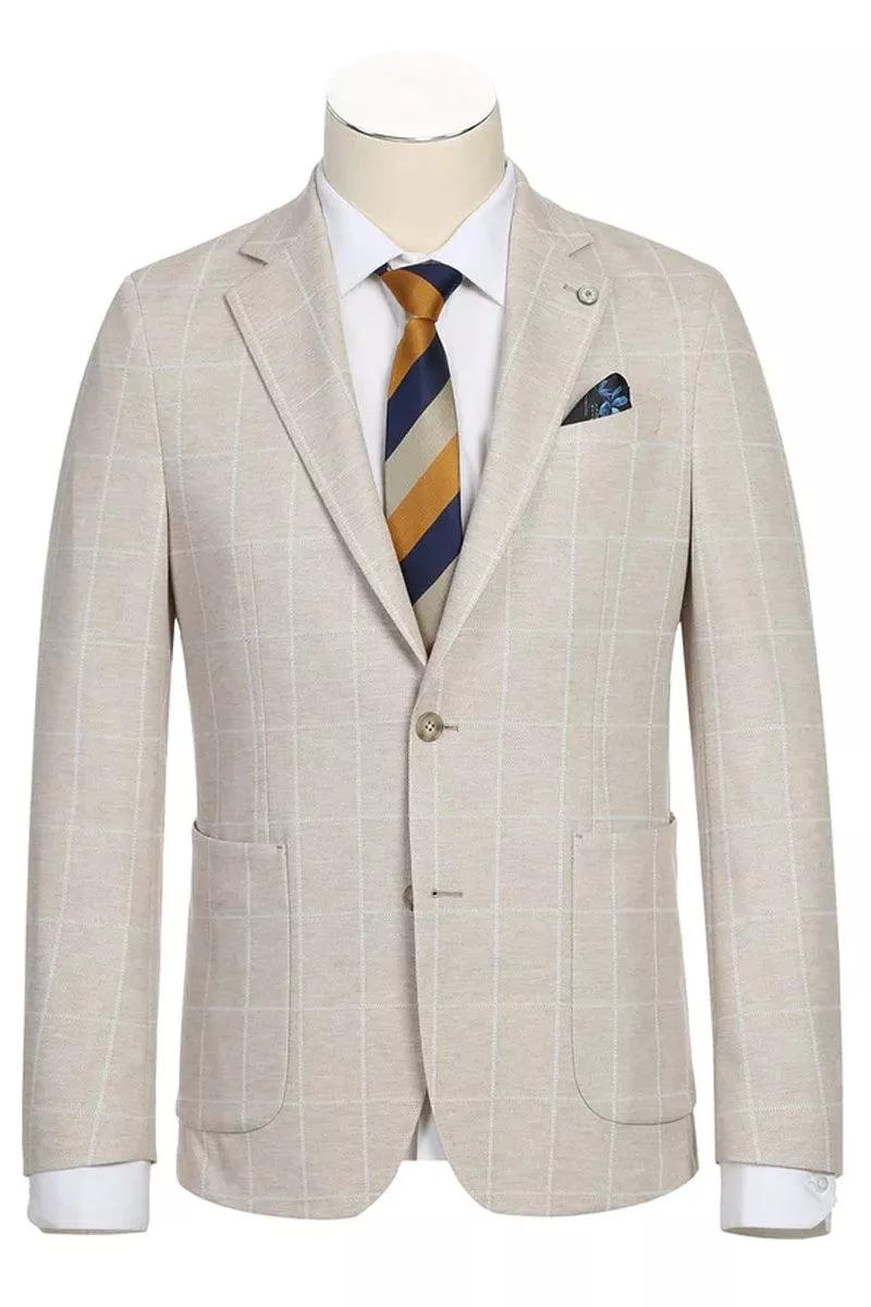 Men's Pelago Unconstructed Blazer - Half Canvas, Light Tan Windowpane Plaid
