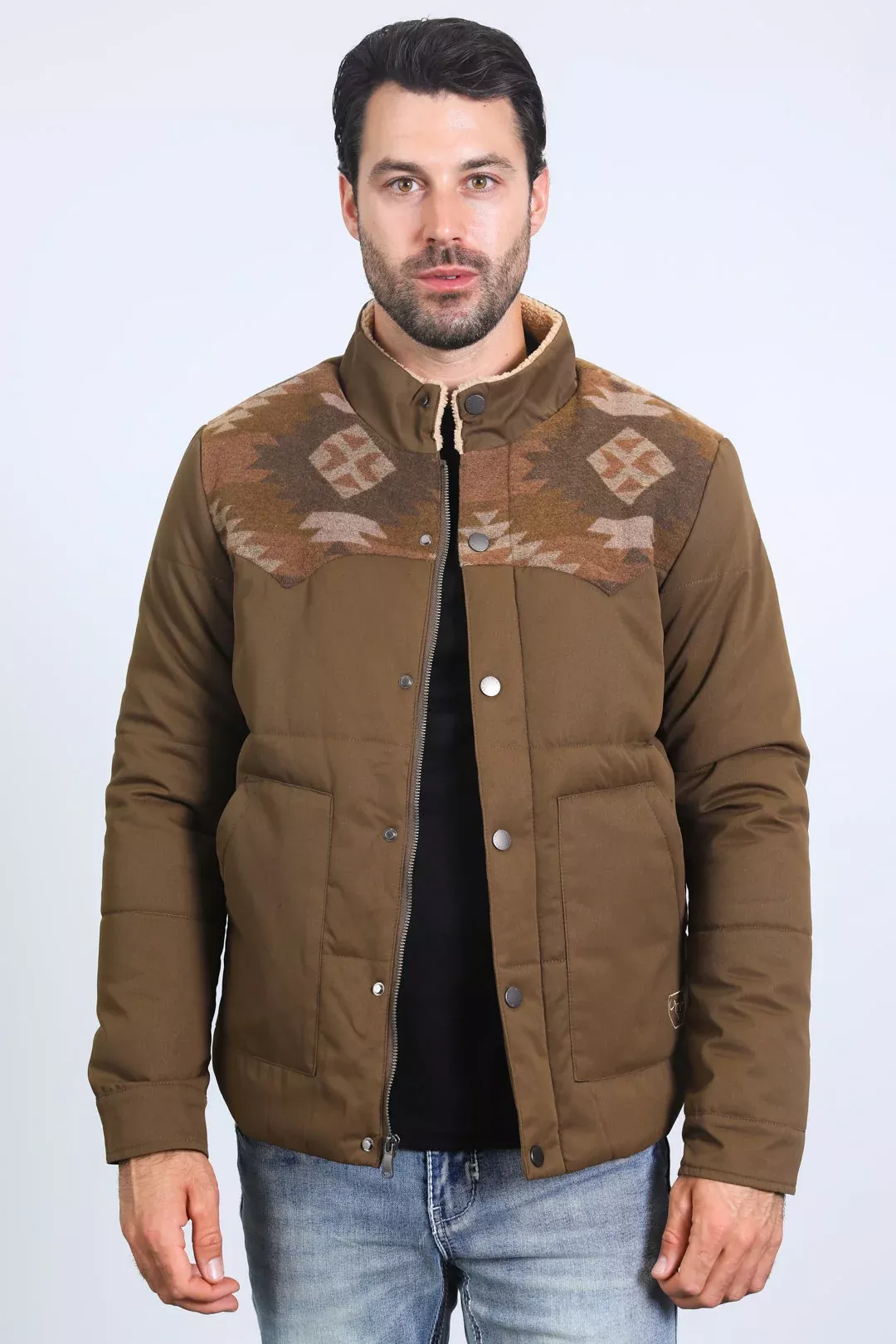 Men’s Quilted Twill Jacket with Aztec Print and Fur Lining – Brown