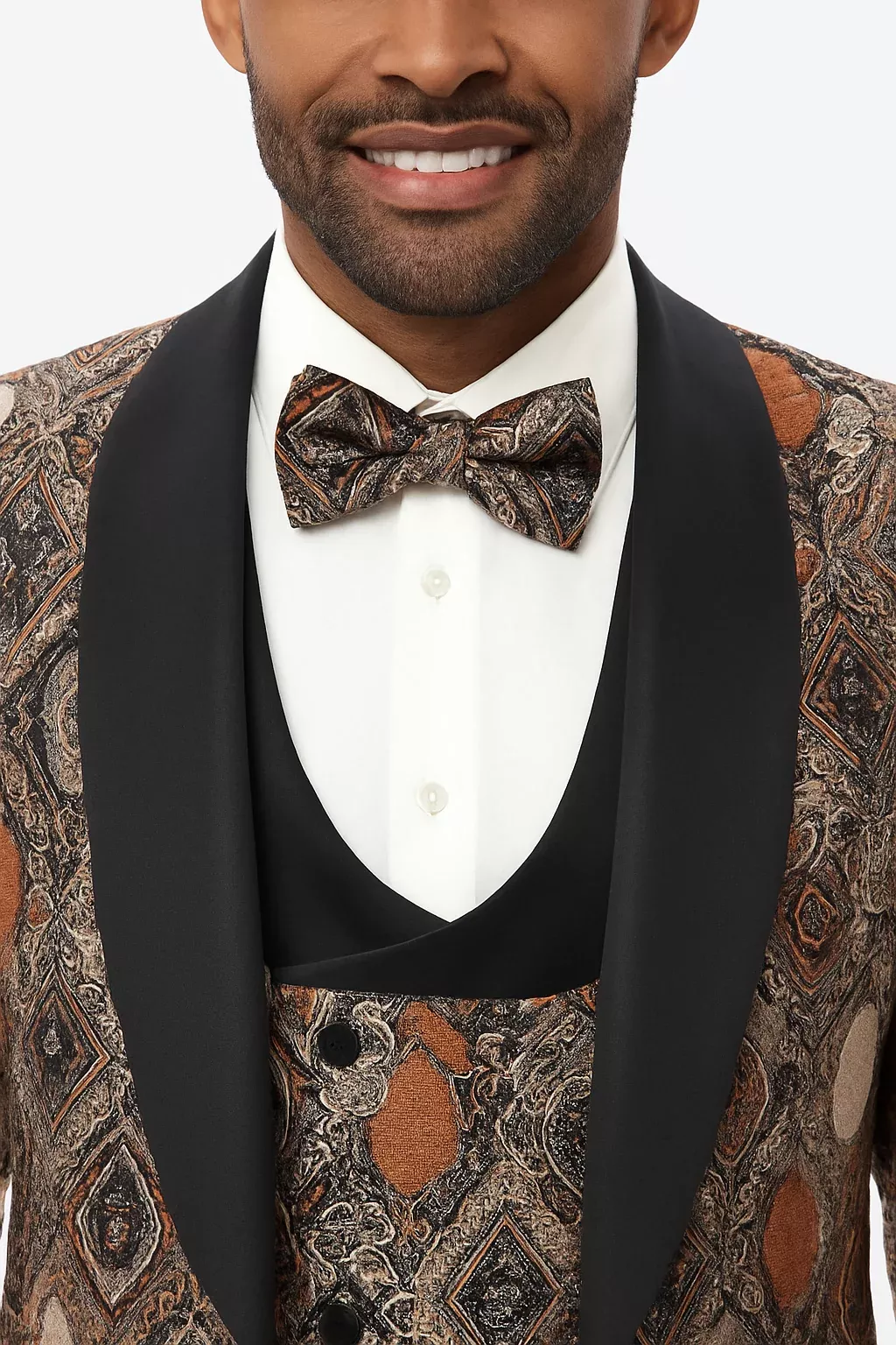 Men's Rust Geometric Pattern Tuxedo with Vest & Bowtie â“ One Button Formal Suit