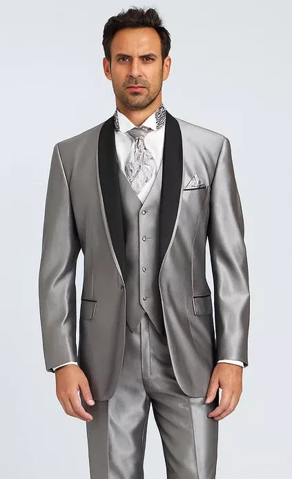 Men's Two Toned Tuxedo Trimmed Jacket And Suit Silver Grey