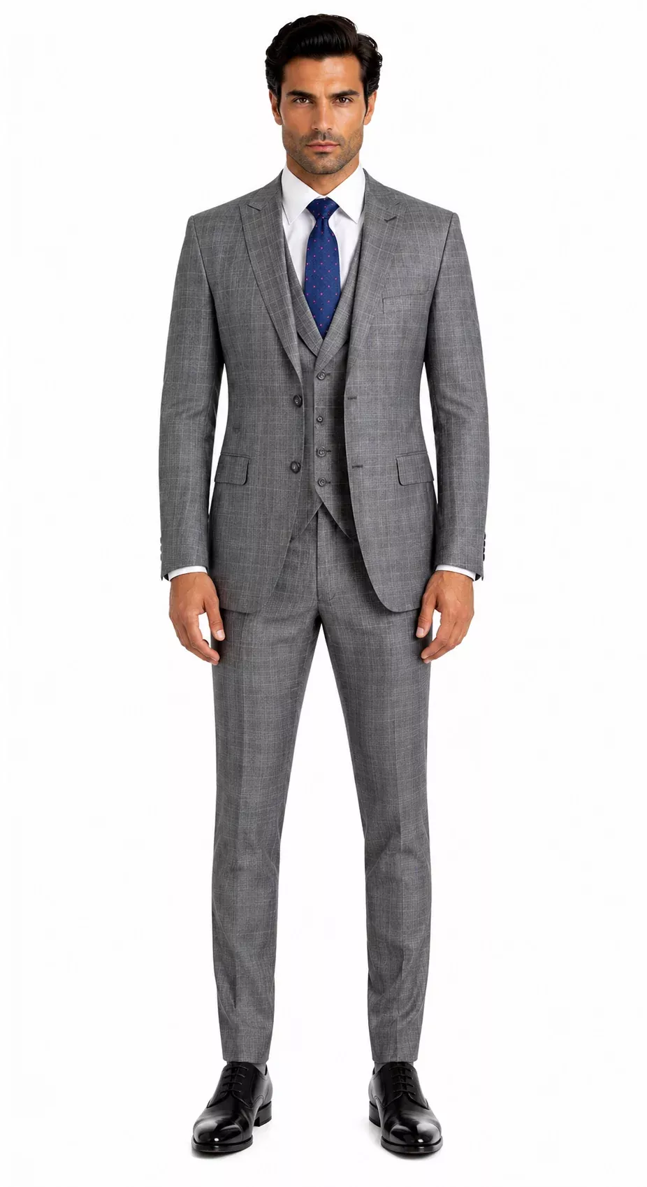 Mens 2 Button Vested Peak Lapel Plaid Suit in Grey