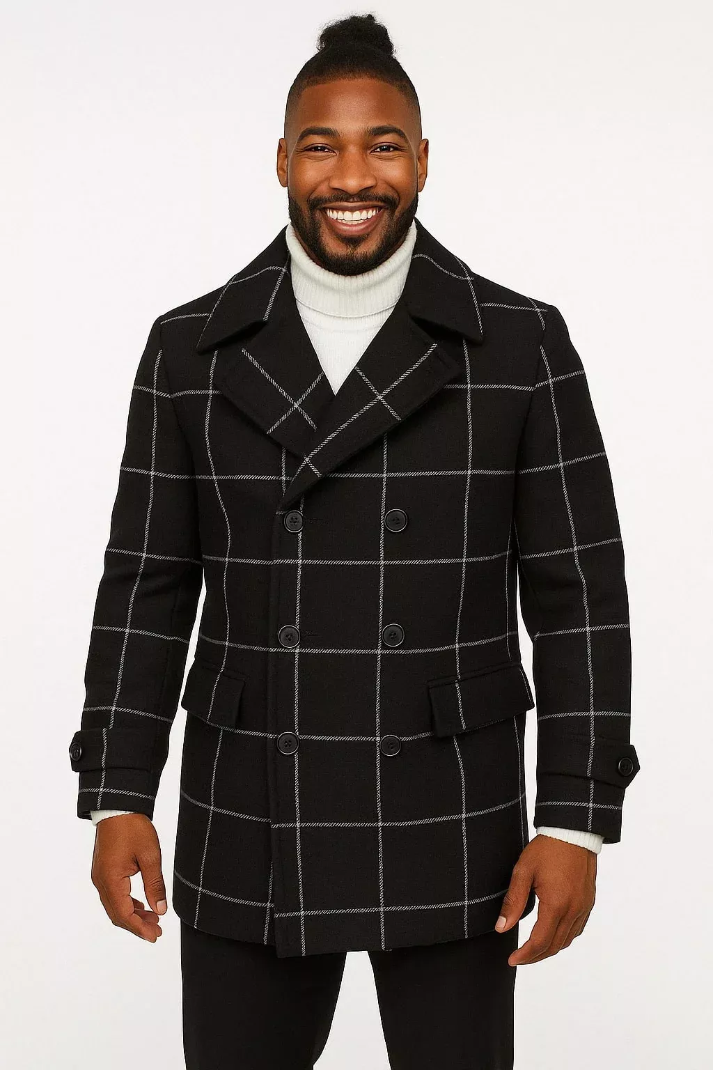 Mens Black Windowpane Check Wool Overcoat â“ Double-Breasted Winter Peacoat