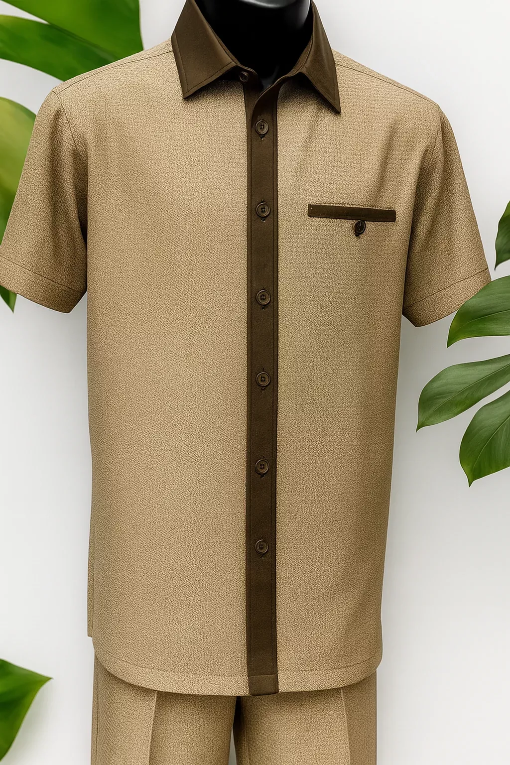Mens Brown Tan Houndstooth Short Sleeve Walking Suit