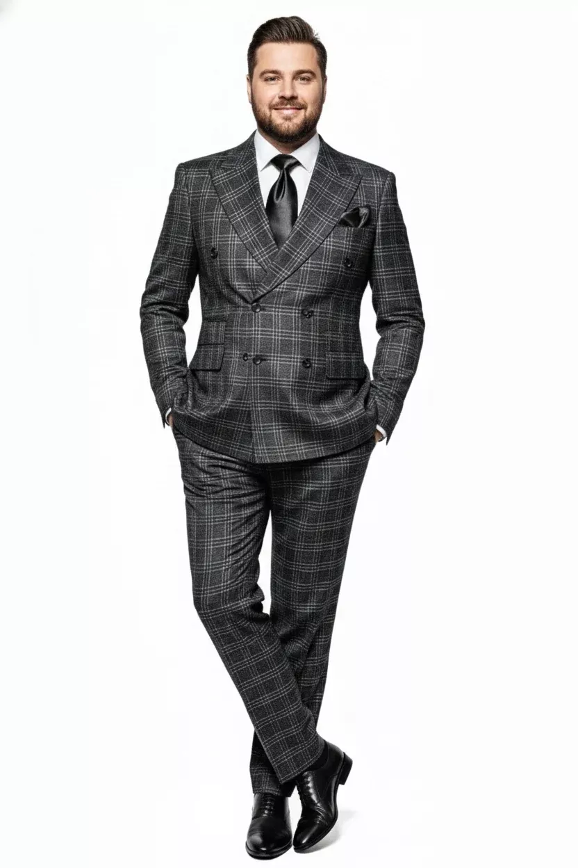 Mens Charcoal Plaid Double-Breasted Suit Tailored Pants Windowpane Pattern By Rossiman