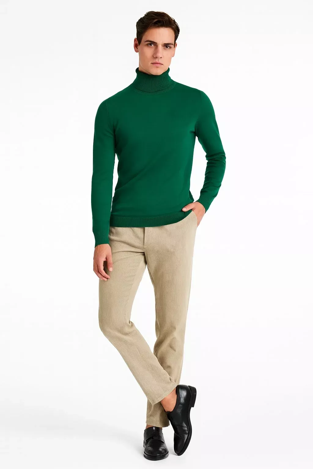 Mens Classic Emerald Green Turtleneck Sweater Slim Fit Knit Pullover