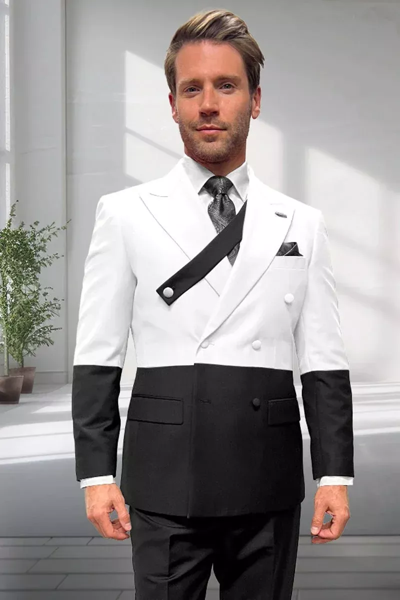 Mens Designer Double Breasted Suit Wool Two Tone Black and White Style
