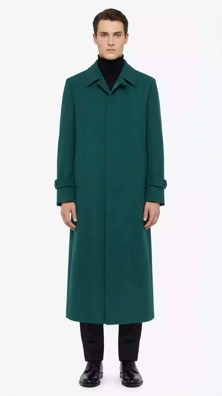 Mens Full-Length Green Overcoat Microfiber Blend for Winter Maxi Duster Coat