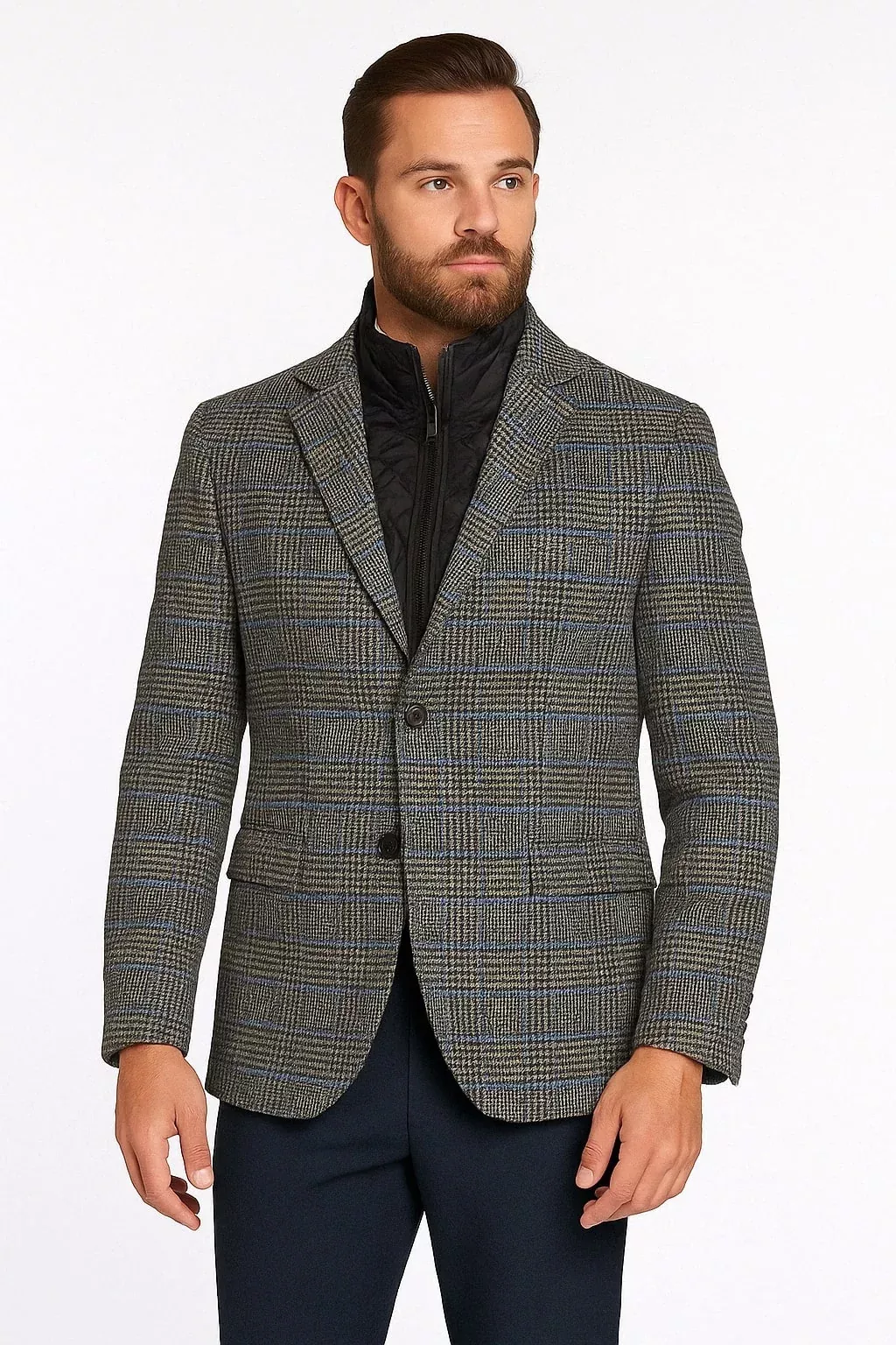 Mens Grey and Blue Glen Check Wool Blazer with Quilted Inner Layer