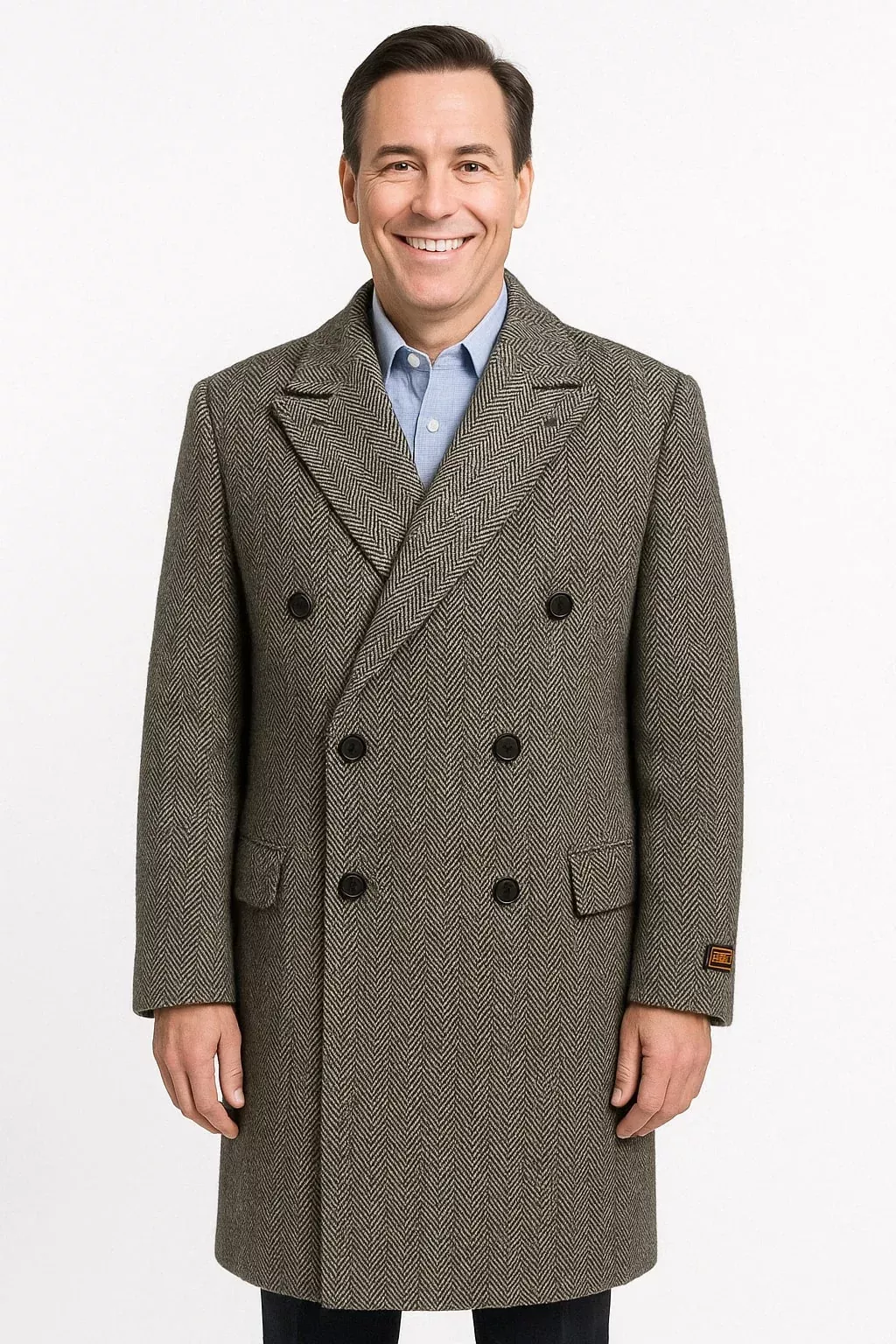 Mens Long Herringbone Wool Overcoat â“ Classic Double-Breasted Winter Topcoat
