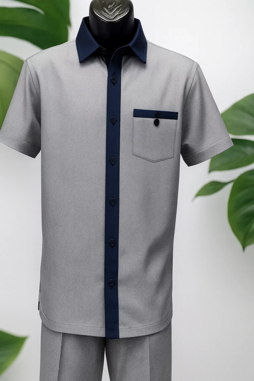 Mens Navy White Houndstooth Short Sleeve Walking Suit