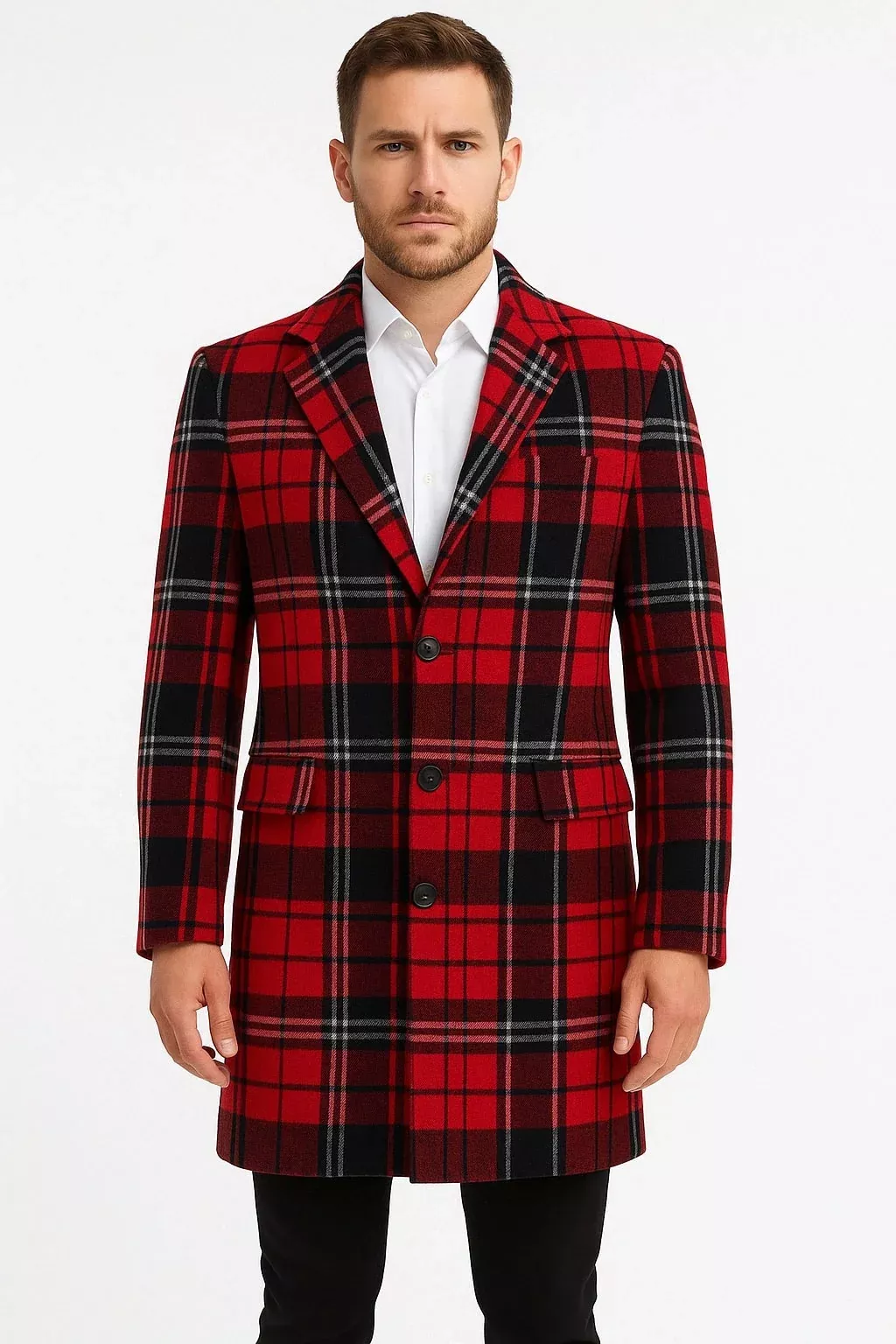Mens Red and Black Plaid Wool Overcoat with Notch Lapel