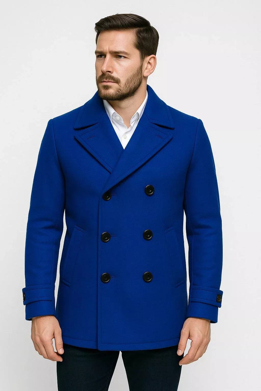 Mens Royal Blue Double-Breasted Wool Peacoat Alberto Nardoni Collection